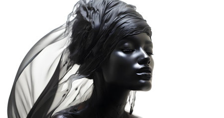 Fashion surreal Concept. Pretty black woman clad wrap with sensual flowing flying transparent silk cloth gauze. with dynamic composition and dramatic lighting. copy text spaceの素材