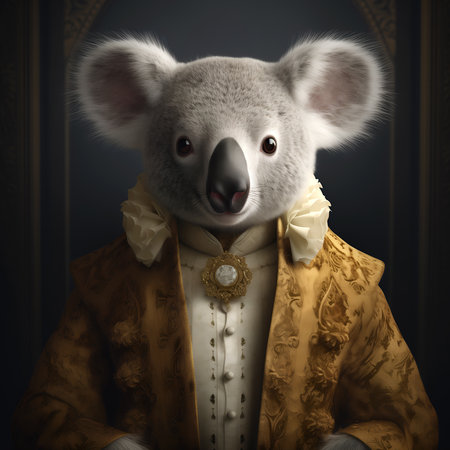 Realistic lifelike Koala bear in renaissance regal medieval noble royal outfits, commercial, editorial advertisement, surreal surrealism. 18th-century historicalの素材