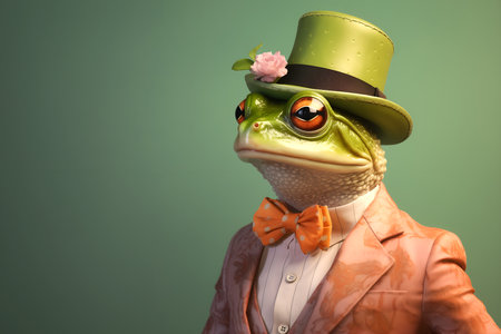 Creative animal concept. Frog toad in glam fashionable couture high end outfits isolated on bright background advertisement, copy space. birthday party invite invitation bannerの素材