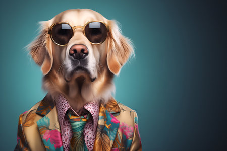 Creative animal concept. Golden Retriever dog puppy in glam fashionable couture high end outfits isolated on bright background advertisement, copy space. birthday party invite invの素材
