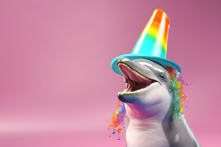 Creative animal concept. Dolphin in party cone hat necklace bowtie outfit isolated on solid pastel background advertisement, copy text space. birthday party invite invitationの素材