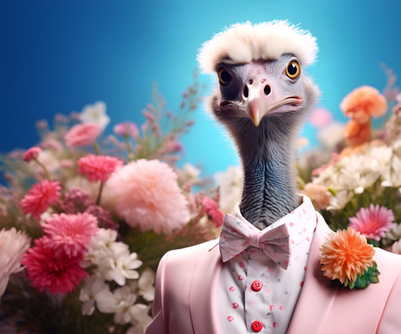 Creative animal concept. Emu bird in smart suit, surrounded in a surreal garden full of blossom flowers floral landscape. advertisement commercial editorial banner cardの素材