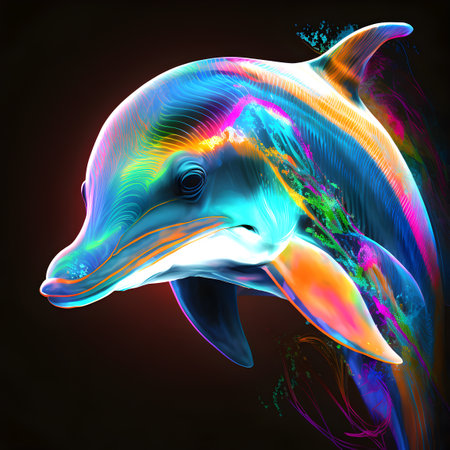 Dolphin in abstract, graphic highlighters lines rainbow ultra-bright neon artistic portrait, commercial, editorial advertisement, surrealism. Isolated on dark backgroundの素材
