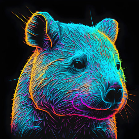 Wombat in abstract, graphic highlighters lines rainbow ultra-bright neon artistic portrait, commercial, editorial advertisement, surrealism. Isolated on dark backgroundの素材
