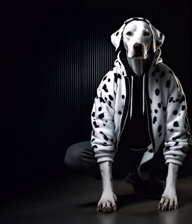 Creative animal concept. Dalmatian dog puppy full body in hip hop stylish fashion isolated on dark background, commercial, editorial advertisement, surreal, copy text spaceの素材