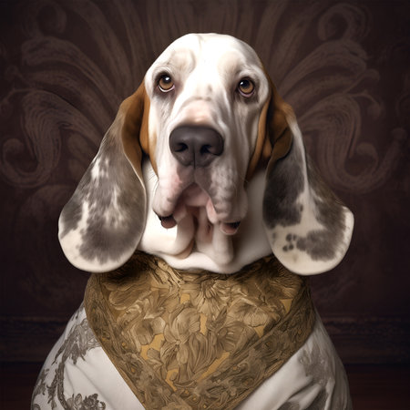 Realistic lifelike basset hound dog puppy in renaissance regal medieval noble royal outfits, commercial, editorial advertisement, surreal surrealism. 18th-century historicalの素材
