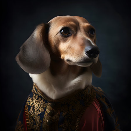 Realistic lifelike dachshund dog puppy in renaissance regal medieval noble royal outfits, commercial, editorial advertisement, surreal surrealism. 18th-century historicalの素材
