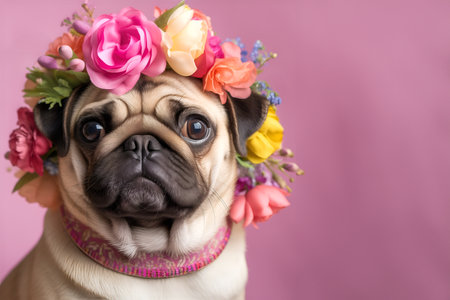 Animal Nature Concept. Pug dog wearing a crown of floral fresh pastel spring wreath flowers, commercial, editorial advertisement, surreal surrealism. copy spaceの素材