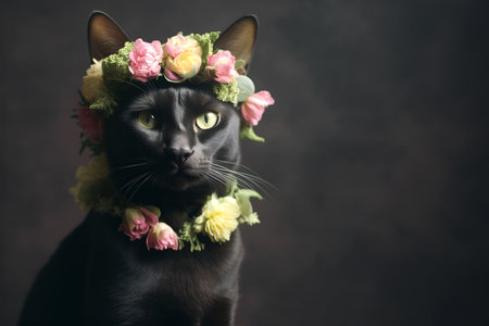 Animal Nature Concept. Black cat wearing a crown of floral fresh pastel spring wreath flowers, commercial, editorial advertisement, surreal surrealism. copy spaceの素材