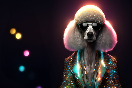 Creative animal concept. Poodle dog puppy in disco neon glitter glam shiny glow sequin outfit, copy text space. commercial, editorial advertisement party invitation invite, surrealの素材