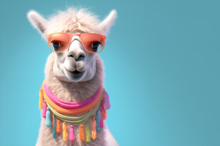 Creative animal concept. Llama in sunglass shade glasses isolated on solid pastel background, commercial, editorial advertisement, surreal surrealismの素材