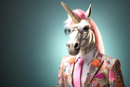 Creative animal concept. Unicorn in glam fashionable couture high end outfits isolated on bright background advertisement, copy space. birthday party invite invitation bannerの素材