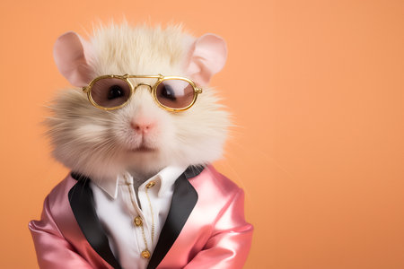 Creative animal concept. Hamster in glam fashionable couture high end outfits isolated on bright background advertisement, copy space. birthday party invite invitation bannerの素材
