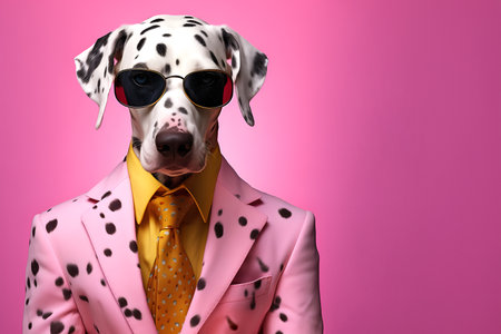 Creative animal concept. Dalmatian dog puppy in glam fashionable couture high end outfits isolated on bright background advertisement, copy space. birthday party invite invitationの素材