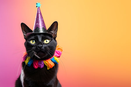 Creative animal concept. Bombay cat kitten in party cone hat necklace bowtie outfit isolated on pastel background advertisement, copy text space. birthday party invite invitationの素材