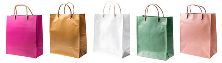 Collection set of colour eco friendly recyclable side view blank shopping paper bag on white background cutout file. Mockup template artwork graphic design. magenta gold white greeの写真素材
