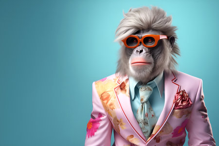 Creative animal concept. Ape in glam fashionable couture high end outfits isolated on bright background advertisement, copy space. birthday party invite invitation bannerの素材
