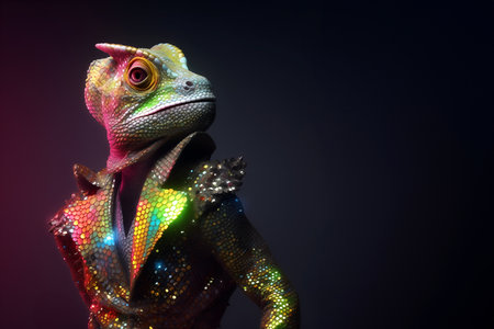 Creative animal concept. Chameleon reptile in disco neon glitter glam shiny glow sequin outfit, copy text space. commercial, editorial advertisement party invitation invite, surreaの素材