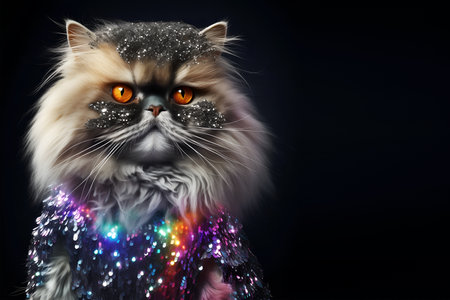 Creative animal concept. Persian cat kitten in disco neon glitter glam shiny glow sequin outfit, copy text space. commercial, editorial advertisement party invitation invite, surreの素材