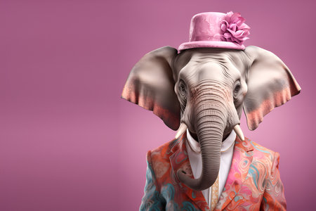 Creative animal concept. Elephant in glam fashionable couture high end outfits isolated on bright background advertisement, copy space. birthday party invite invitation bannerの素材