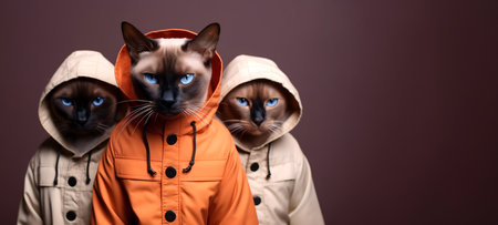 Creative animal concept. Siamese cat kitten kitty in a group, vibrant bright fashionable outfits isolated on solid background advertisement, copy space. birthday party invite invitの素材