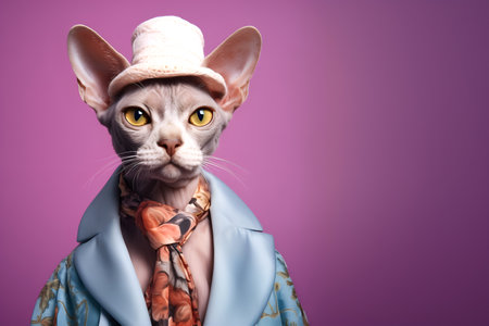 Creative animal concept. Devon Rex cat kitten kitty in glam fashionable couture high end outfits isolated on bright background advertisement, copy space. birthday party invite inviの素材