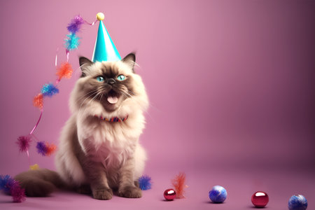 Creative animal concept. Himalayan cat kitten kitty in party cone hat necklace bowtie outfit isolated on solid pastel background advertisement, copy text space. birthday party inviの素材