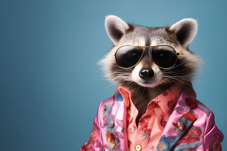 Creative animal concept. Raccoon racoon in glam fashionable couture high end outfits isolated on bright background advertisement, copy space. birthday party invite invitation banneの素材