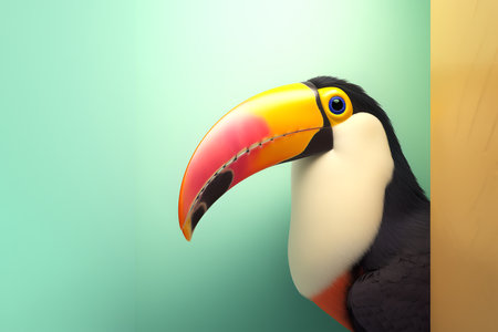 Creative animal concept. Toucan bird peeking over pastel bright background. advertisement, banner, card. copy text space. birthday party invite invitationの素材