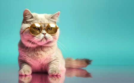 Creative animal concept. Exotic Shorthair cat kitten in sunglass shade glasses isolated on solid pastel background, commercial, editorial advertisement, surreal surrealismの素材