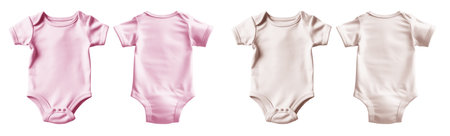 2 Set of pastel light pink beige, infant baby Bodysuit romper playsuit jumpsuit creepers, front back view on white background cutout file. Mockup template for artwork graphic desigの写真素材
