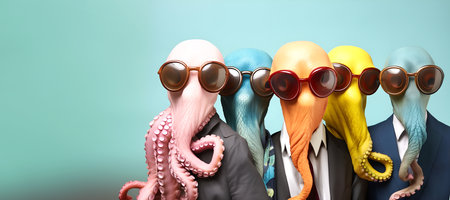 Creative animal concept. Squid in a group, vibrant bright fashionable outfits isolated on solid background advertisement, copy space. birthday party invite invitation bannerの素材