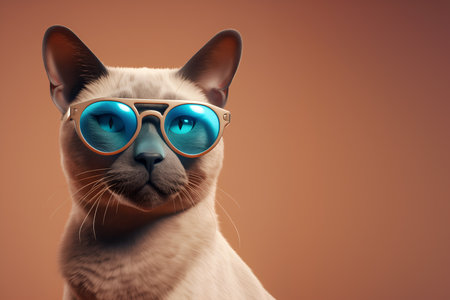 Creative animal concept. Siamese cat kitten kitty in sunglass shade glasses isolated on solid pastel background, commercial, editorial advertisement, surreal surrealismの写真素材