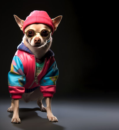 Creative animal concept. Chihuahua dog puppy full body in hip hop stylish fashion isolated on dark background, commercial, editorial advertisement, surreal, copy text spaceの素材
