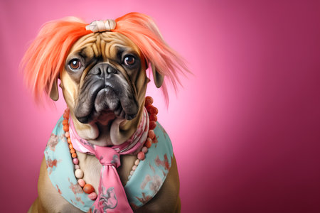 Creative animal concept. Bullmastiff dog puppy in glam fashionable couture high end outfits isolated on bright background advertisement, copy space. birthday party invite invitatioの素材