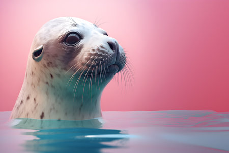 Creative animal concept. Seal mammal peeking over pastel bright water background. advertisement, banner, card. copy text space. birthday party invite invitationの素材