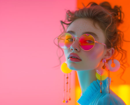 Fashion editorial Concept. Closeup portrait of pretty woman with oversized neon sunglass glasses accessories jewelry of candy loud 70s colourful retro mirror yarn resin. copy textの素材