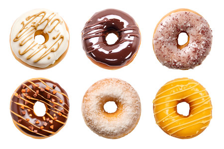 Collection of round donut doughnut, glazed frost sugar set, top view on white background cutout file. Many assorted different. Mockup template for artworkの写真素材