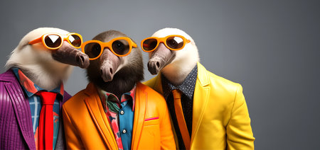 Creative animal concept. Anteater in a group, vibrant bright fashionable outfits isolated on solid background advertisement, copy space. birthday party invite invitation bannerの素材