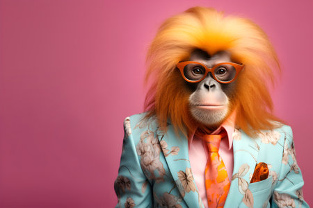 Creative animal concept. Orangutan Orangutang in glam fashionable couture high end outfits isolated on bright background advertisement, copy space. birthday party invite invitationの素材