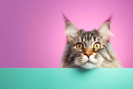 Creative animal concept. Maine Coon cat kitten kitty peeking over pastel bright background. advertisement, banner, card. copy text space. birthday party invite invitationの素材