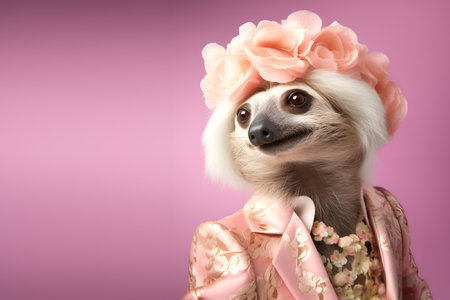 Creative animal concept. Sloth in glam fashionable couture high end outfits isolated on bright background advertisement, copy space. birthday party invite invitation bannerの素材