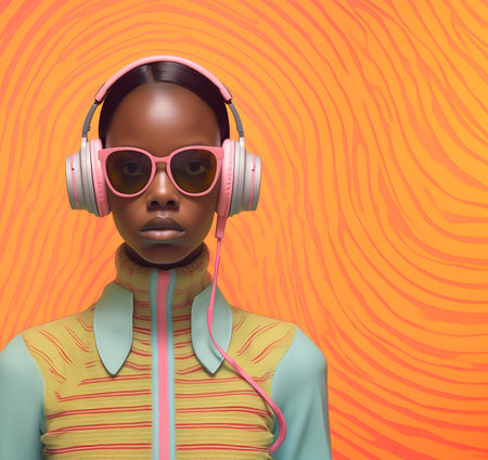 Fashion editorial Concept. Closeup portrait of stunning black woman with conceptual surreal sunglasses and headphone in retro futuristic neon mod bright background. copy text spaceの素材