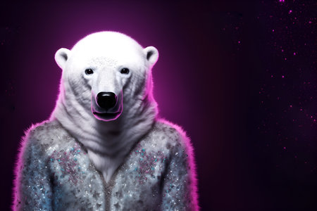 Creative animal concept. Polar Bear in disco neon glitter glam shiny glow sequin outfit, copy text space. commercial, editorial advertisement party invitation invite, surreal surreの素材