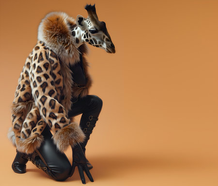 Creative animal concept. Giraffe in luxury wealthy fancy chic luxurious impeccable fur leather fabrics outfits isolated on bright background advertisement, copy text spaceの素材