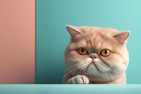 Creative animal concept. Exotic Shorthair cat kitten peeking over pastel bright background. advertisement, banner, card. copy text space. birthday party invite invitationの素材