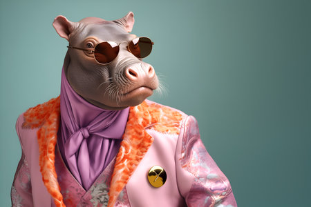 Creative animal concept. Hippopotamus hippo in glam fashionable couture high end outfits isolated on bright background advertisement, copy space. birthday party invite invitation bの素材