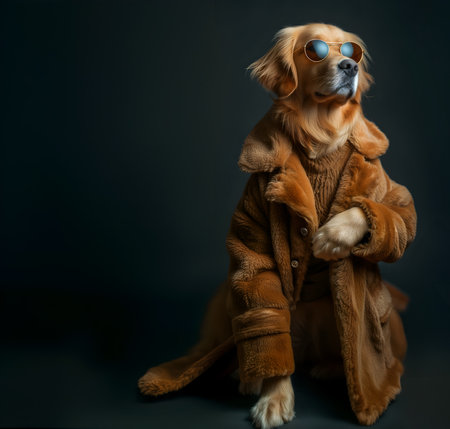 Creative animal concept. Golden Retriever dog puppy in luxury wealthy fancy chic luxurious impeccable fur feather fabric outfits isolated on bright background advertisement, copy tの素材