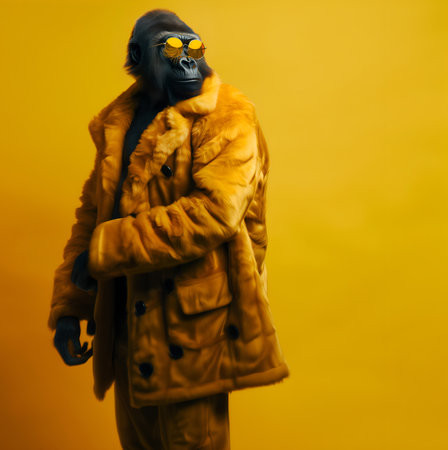 Creative animal concept. Gorilla in luxury wealthy fancy chic luxurious impeccable fur feather fabric outfits isolated on bright background advertisement, copy text spaceの素材