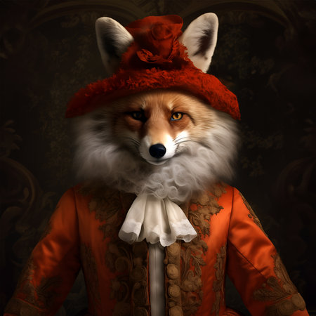 Realistic lifelike fox in renaissance regal medieval noble royal outfits, commercial, editorial advertisement, surreal surrealism. 18th-century historicalの素材